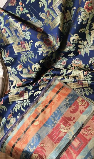 Antique French Lyon Silk Brocade Jacquard Chinoiserie Fabric 7
