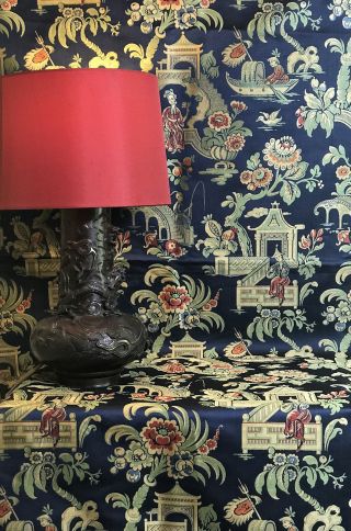 Antique French Lyon Silk Brocade Jacquard Chinoiserie Fabric 2