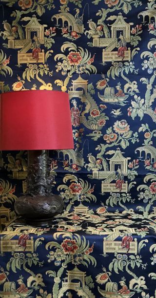Antique French Lyon Silk Brocade Jacquard Chinoiserie Fabric 9