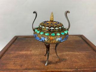 19th/20th C.  Chinese Silver Vermeil Filigree Turquoise And Gem Enamel Dragons Tr
