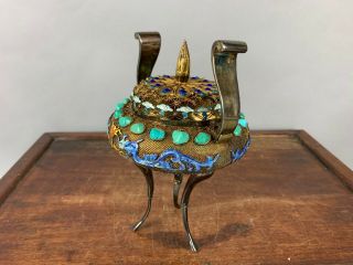 19th/20th C.  Chinese Silver Vermeil Filigree Turquoise and Gem Enamel Dragons Tr 2