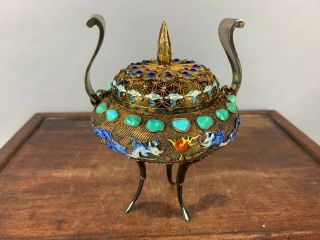 19th/20th C.  Chinese Silver Vermeil Filigree Turquoise and Gem Enamel Dragons Tr 3