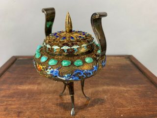 19th/20th C.  Chinese Silver Vermeil Filigree Turquoise and Gem Enamel Dragons Tr 4