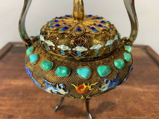 19th/20th C.  Chinese Silver Vermeil Filigree Turquoise and Gem Enamel Dragons Tr 5