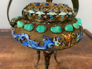 19th/20th C.  Chinese Silver Vermeil Filigree Turquoise and Gem Enamel Dragons Tr 6