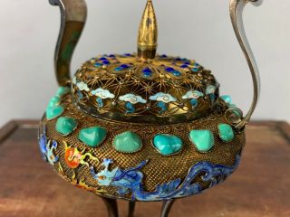 19th/20th C.  Chinese Silver Vermeil Filigree Turquoise and Gem Enamel Dragons Tr 7