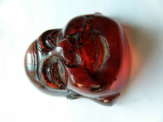 1920 ' s Carved Cherry Bakelite Budai Head good luck Netsuke Toggle Japanese 3