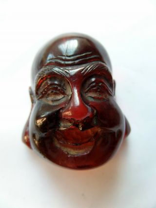 1920 ' s Carved Cherry Bakelite Budai Head good luck Netsuke Toggle Japanese 6