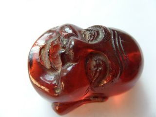 1920 ' s Carved Cherry Bakelite Budai Head good luck Netsuke Toggle Japanese 8