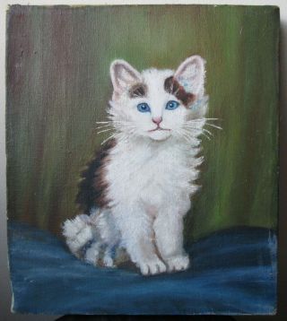 Antique late 19thc early 1900 ' s FOLK ART oil painting on canvas of a CAT Kitten 3