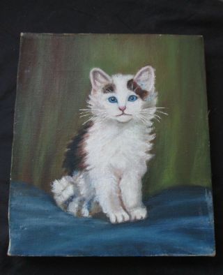 Antique late 19thc early 1900 ' s FOLK ART oil painting on canvas of a CAT Kitten 5