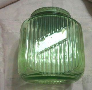 Vintage Vaseline Green Hoosier Cabinet Ribbed Cookie Jar With Lid