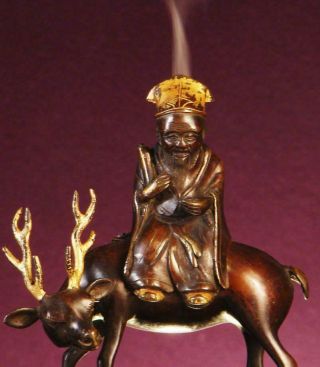 Japanese Incense Burner: Antique " Jurojin On Deer ",  C1820,  Edo Era,  Great Patina