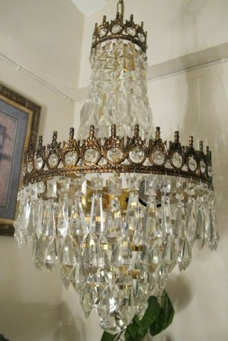 Antique Vnt.  BIG French Basket style Crystal Chandelier Lamp Light 1940 ' s 12 in 10