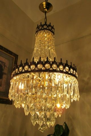 Antique Vnt.  Big French Basket Style Crystal Chandelier Lamp Light 1940 