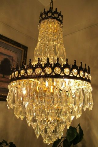 Antique Vnt.  BIG French Basket style Crystal Chandelier Lamp Light 1940 ' s 12 in 4