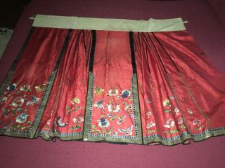 Antique 19thc Chinese Red Silk Damask Hand Embroidered Wedding Skirt