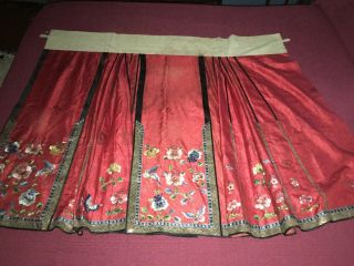 Antique 19thC Chinese Red Silk Damask Hand Embroidered Wedding Skirt 3