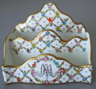 Antique DRESDEN HP Porcelain Letter Holder MARIE ANTOINETTE Flowers w GILT Paste 2