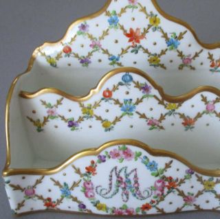 Antique DRESDEN HP Porcelain Letter Holder MARIE ANTOINETTE Flowers w GILT Paste 8