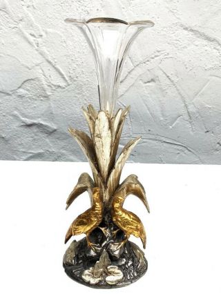 Antique Black Forest Carved Epergne Vase Stand,  Birds,  Glass,  18k Gold Finish