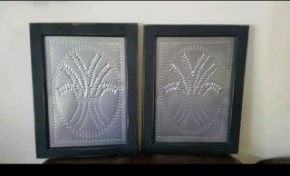 Matching Primitive Black Wooden Framed Punched Tin Wheat Pictures 17 " X 12.  5 "