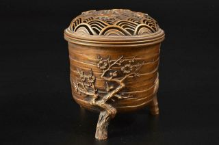 T6877: Japanese Casting copper Shochikubai Bird sculpture INCENSE BURNER 4