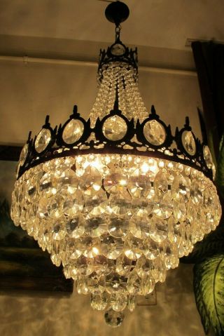 Antique Vnt.  HUGE French Basket Style Crystal Chandelier Lamp Light 1940 ' s18 in 2