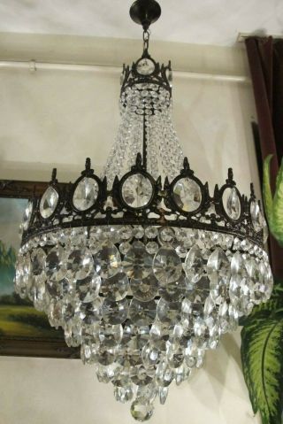 Antique Vnt.  HUGE French Basket Style Crystal Chandelier Lamp Light 1940 ' s18 in 3