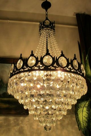 Antique Vnt.  HUGE French Basket Style Crystal Chandelier Lamp Light 1940 ' s18 in 4
