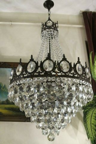 Antique Vnt.  HUGE French Basket Style Crystal Chandelier Lamp Light 1940 ' s18 in 5