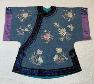 Antique Chinese Silk Embroidered Surcoat Kimono Jacket Robe Moth Flowers Motif