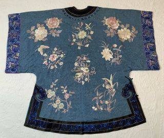 Antique Chinese Silk embroidered Surcoat Kimono Jacket Robe Moth Flowers Motif 9