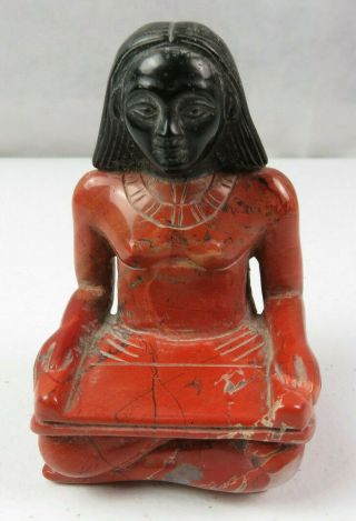 Ancient Egyptian Red N Black Carved Stone Statue Of Royal Scribe Pharaoh Deco