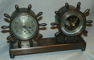 Antique Wright.  Kay & Company Chelsea Ship ' s Wheel Desk Clock & Barometer 2