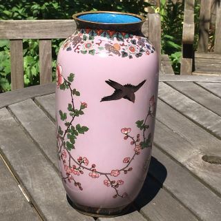 Japanese Cloisonne Vase Large with Birds and Flowering Branches on Puce Ground 4