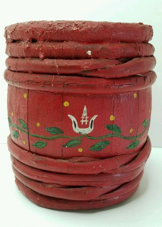 Antique Pennsylvania Decorated Early Oak Staves Paint Keg Bucket Sapling Banded