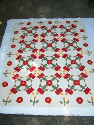 Antique Estate Hand Stitched Applique 1900 ' s Red Green Dutch Tulip Quilt 1 of 3 2