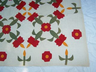 Antique Estate Hand Stitched Applique 1900 ' s Red Green Dutch Tulip Quilt 1 of 3 3