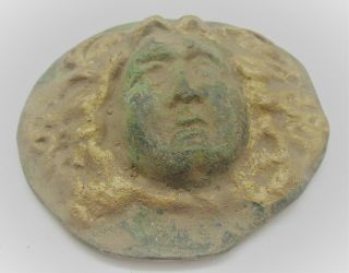 SCARCE ANCIENT ROMAN BRONZE CASKET MOUNT FACE OF EROS GOLD GILDED 4