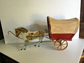 19th Century Gibbs Toy Horse And Covered Wagon