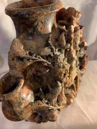 Ultimate ANTIQUE CHINESE CARVED SOAPSTONE VASE 3 URNS with FLOWERS & BIRDS Huge 10