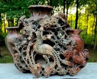 Ultimate ANTIQUE CHINESE CARVED SOAPSTONE VASE 3 URNS with FLOWERS & BIRDS Huge 12