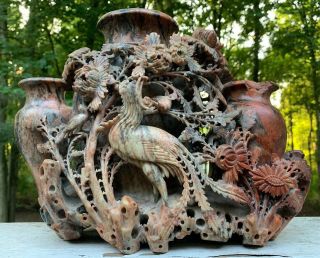 Ultimate Antique Chinese Carved Soapstone Vase 3 Urns With Flowers & Birds Huge
