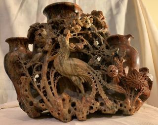 Ultimate ANTIQUE CHINESE CARVED SOAPSTONE VASE 3 URNS with FLOWERS & BIRDS Huge 2