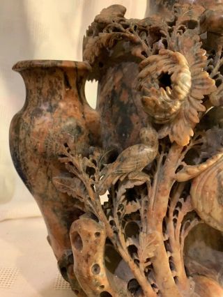 Ultimate ANTIQUE CHINESE CARVED SOAPSTONE VASE 3 URNS with FLOWERS & BIRDS Huge 4