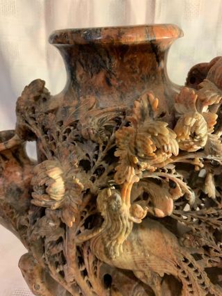 Ultimate ANTIQUE CHINESE CARVED SOAPSTONE VASE 3 URNS with FLOWERS & BIRDS Huge 8