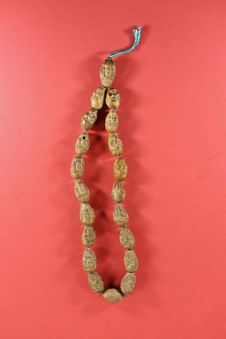 Antique Chinese Master Carved Peach Pit Nut Old Man Faces Necklace On Cord