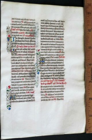 Masterful Medieval Illuminated Manuscript Lf,  Vellum,  Deco.  Color Gold Init.  C.  1475