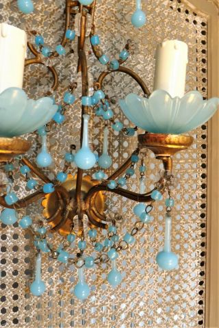 Gorgeous Antique French Chandelier Sconce Crystal & Blue Opaline Drops